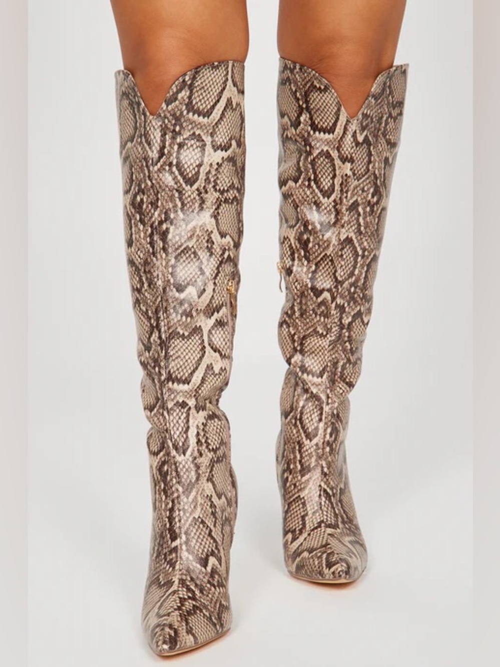 XOXO Snake-Print Beige Knee-High Pointed Toe Stiletto Boots